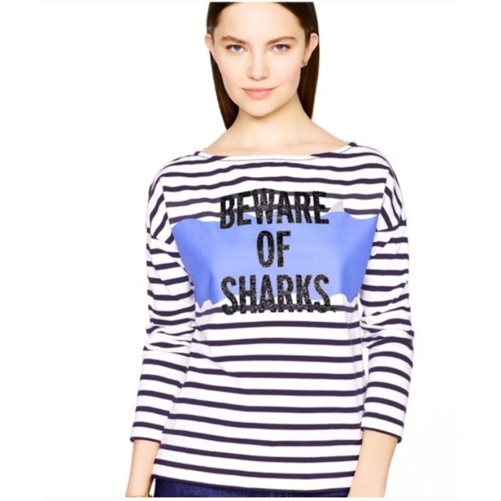 Kate Spade Beware Of Sharks Sweater Breton Stripe Top Coastal Preppy Designer S